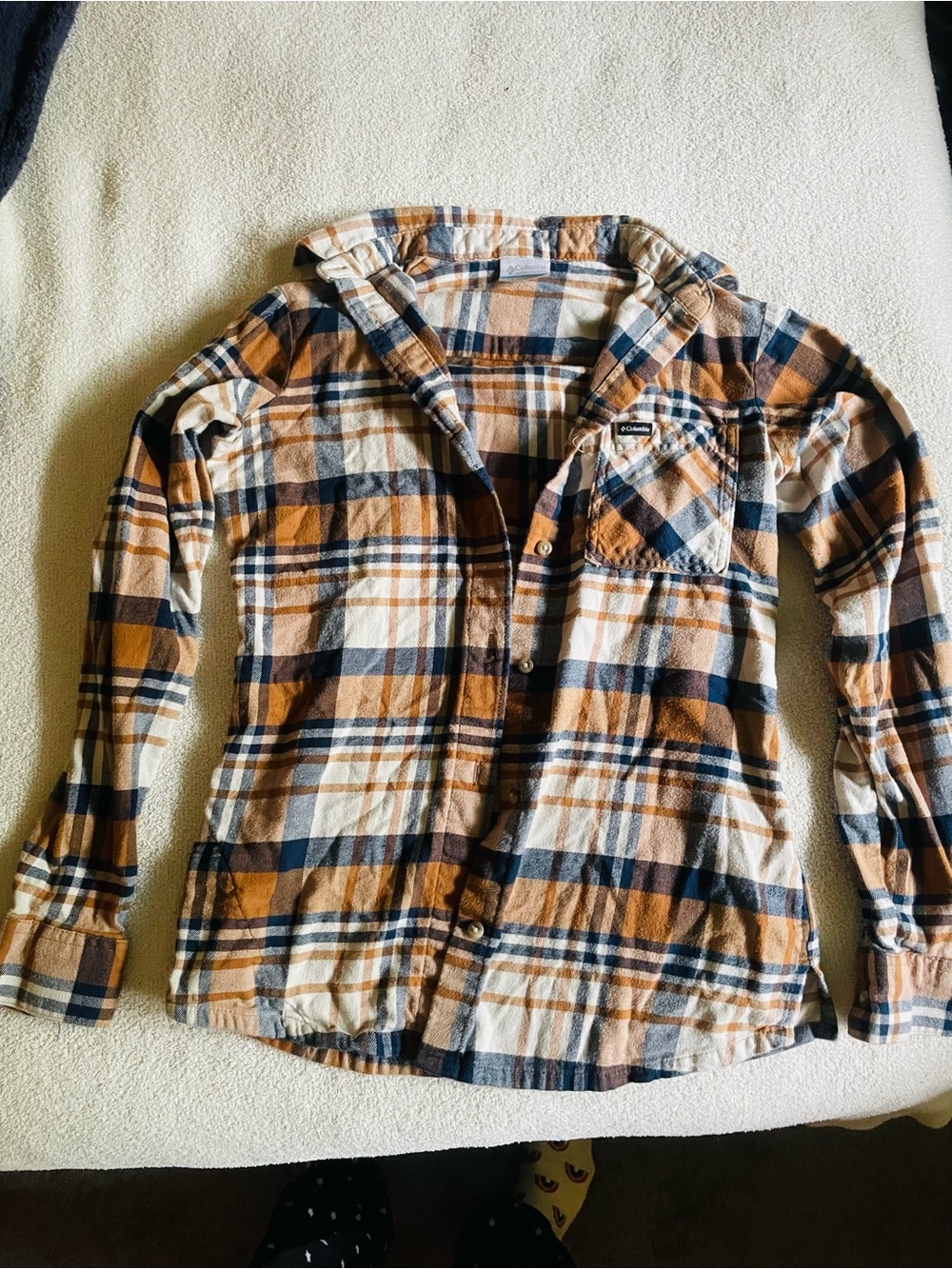 Women’s Columbia Plaid Hooded Button-Up Shirt - Orange & Navy